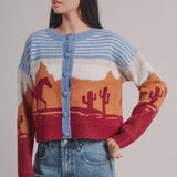 Western Desert Scene Cropped Button Cardigan