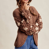 Hand Knit Floral Bobble Sleeve Cardigan LSW1097