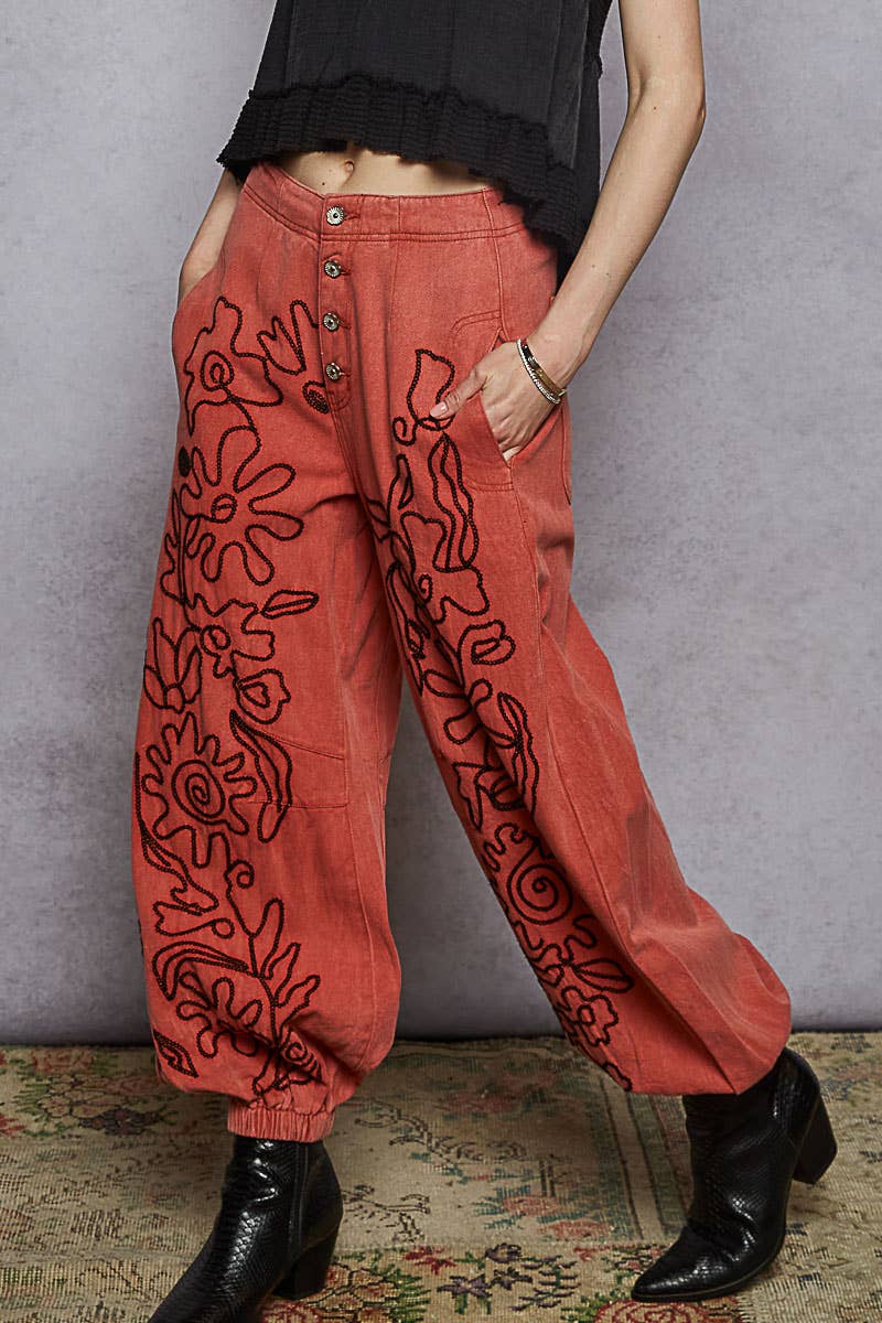 Floral Embroidered Twill Pants