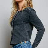 Vintage Washing Solid Metal Button Down Thermal Knit Top