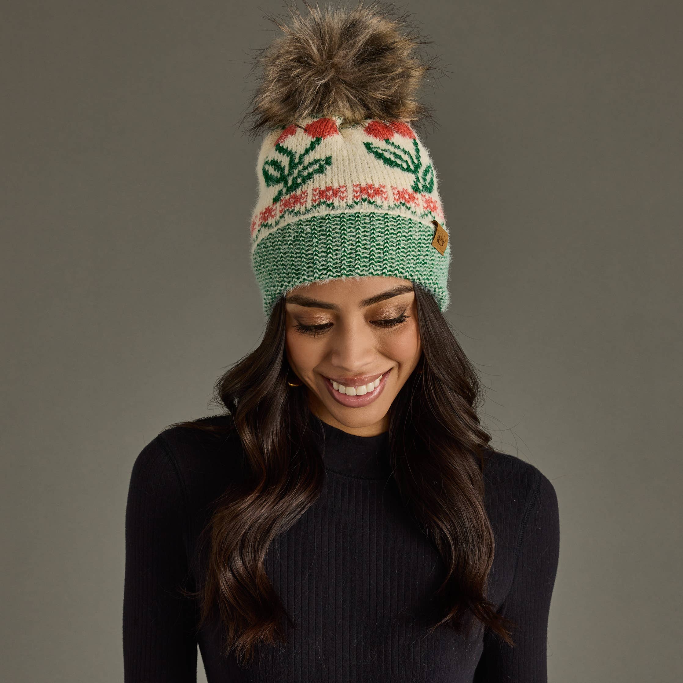 Ivory Cherry Pattern Pom Hat
