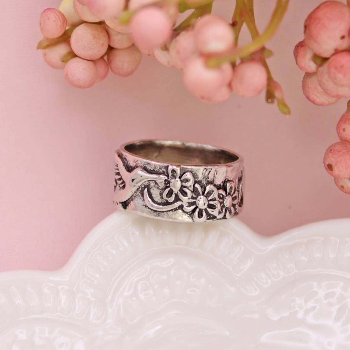 Bird Flower Silver Vintage Band Ring