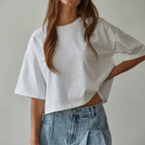 L8688 | Knit Cotton Crew Neck Drop Shoulder Short Sleeve Top