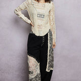 Long Sleeve Round Neck Lace Texture Knit Slim Fit Top
