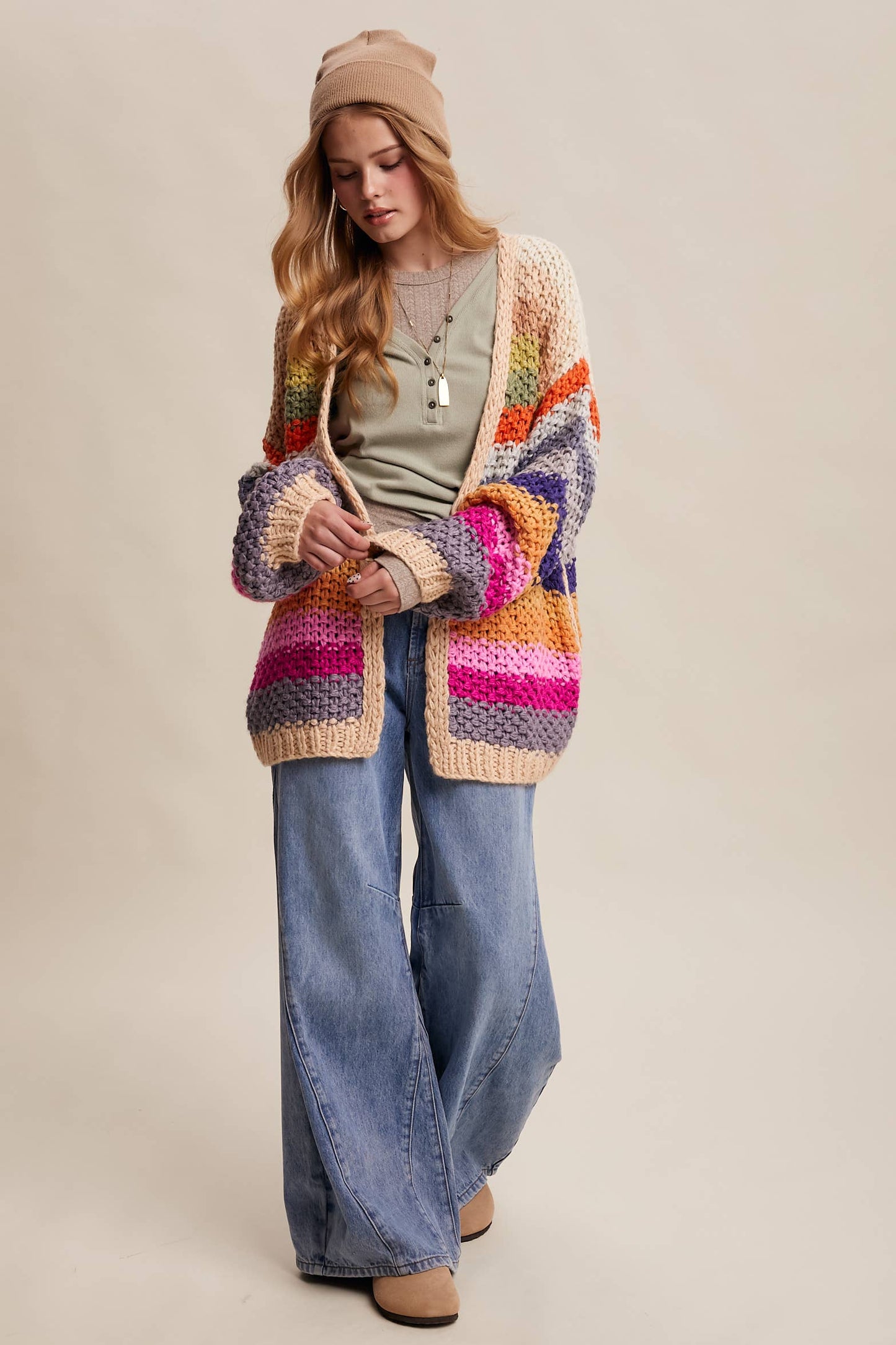 Rainbow Hand-Crochet Open Cardigan