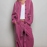 Vintage Washing Solid Laser Cut Thermal Knit Hoodies Top