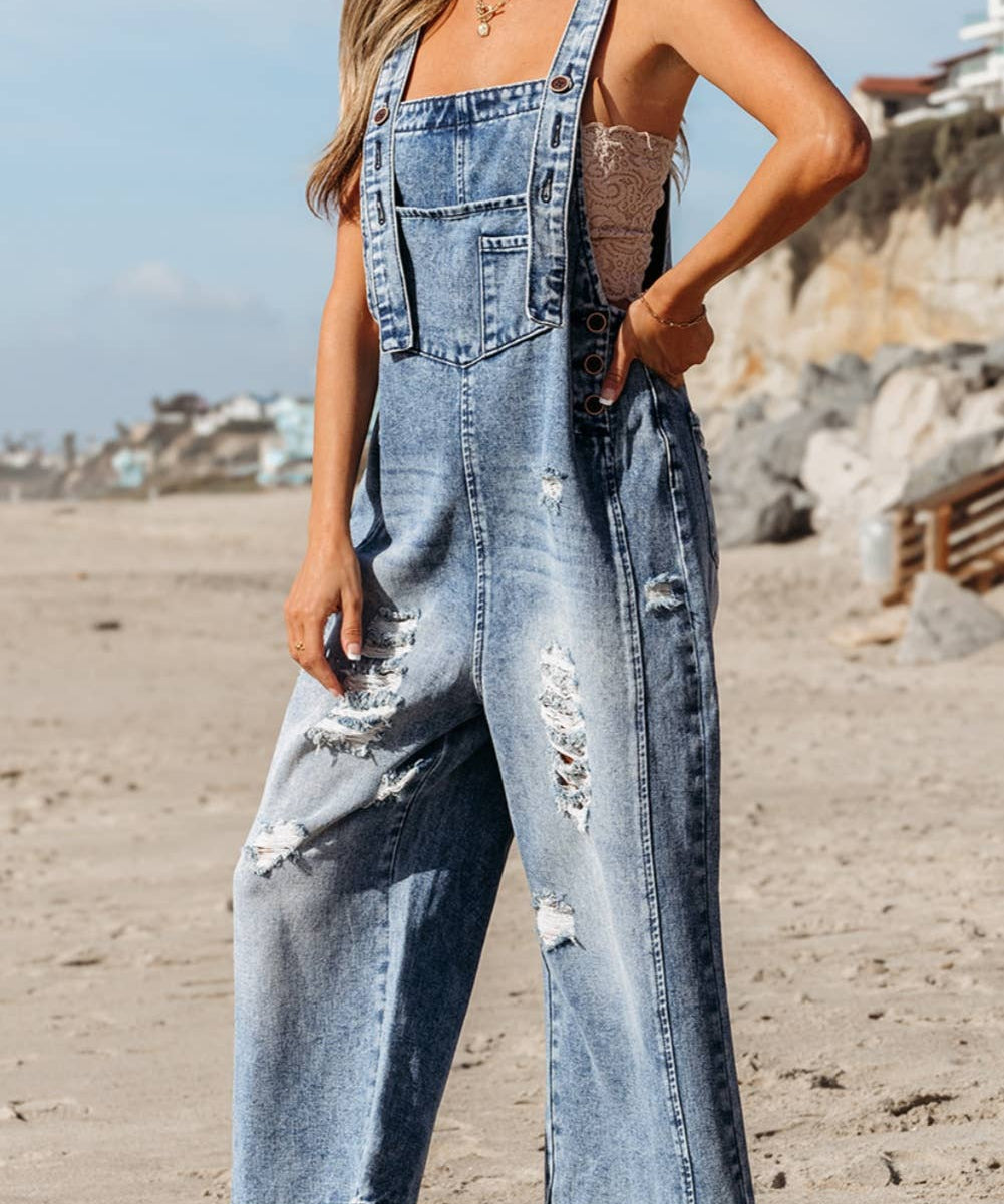Distressed Capri Denim Overalls