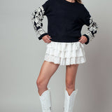 Embroidered Sleeve Ivory Knit Sweater