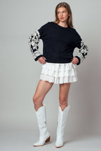 Embroidered Sleeve Ivory Knit Sweater