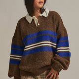 Striped Rugby Polo Sweater With Contrast Collar