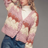 Chevron Chunky Knit Cardigan – Balloon Sleeves, Cropped Fit