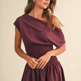 ID9559  OFF SHOULDER SMOCKED WAIST MINI DRESS