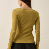 Solid Ribbed Knit Long-Sleeve Lace-Cuff Fitted Top