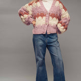 Chevron Chunky Knit Cardigan – Balloon Sleeves, Cropped Fit