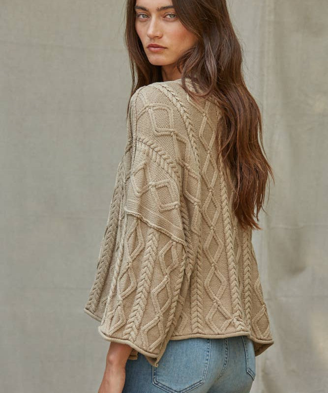 Quarter Sleeve Loose Cable Knit Sweater
