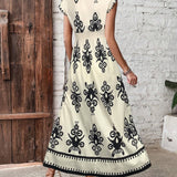 Floral Motif Ruffled Sleeve Slit Dress