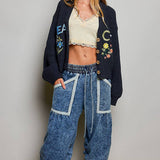 Multicolor Floral Embroidery PEACE Letter Knit Cardigan