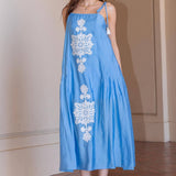 Floral Embroidered Sleeveless Tassel Tie Strap Midi Dress