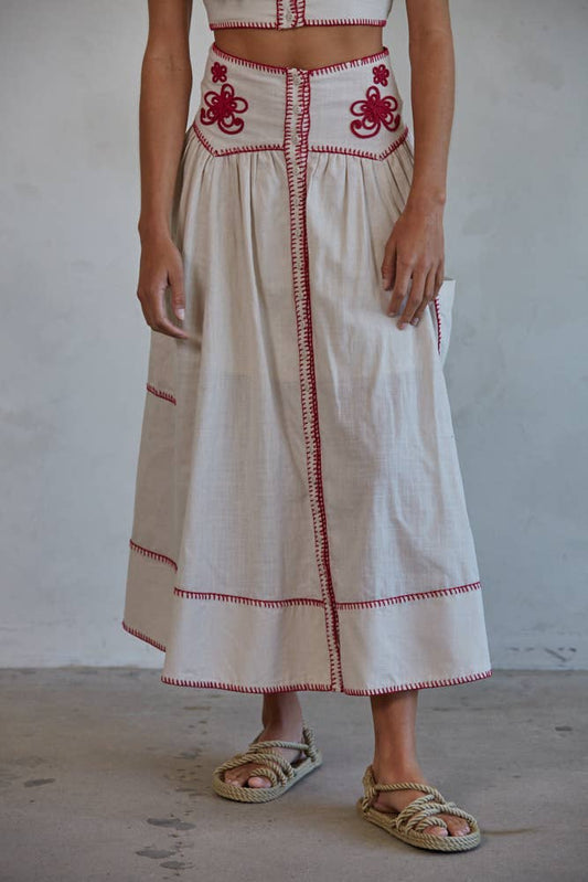 Woven Cotton Embroidered Flare Midi Skirt