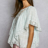 Lace Trim V Ruffle Detail Textured Woven Short Sleeve Top
