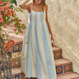 L7390 | Cotton Gauze Striped Cami Pintuck Midi Dress