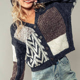 Patchwork Cable Knit V Neck Cardigan