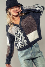 Patchwork Cable Knit V Neck Cardigan