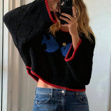 Ocean Fish Graphic Contrast Trim Crew Sweater