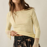 Solid Ribbed Knit Long-Sleeve Lace-Cuff Fitted Top