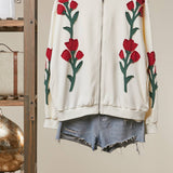 Floral Embroidered Zip-Up Hoodie
