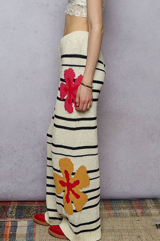 Striped Pattern Floral Detail Lounge Pants