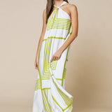 Geo Print Front Tie Keyhole Halter Maxi Dress