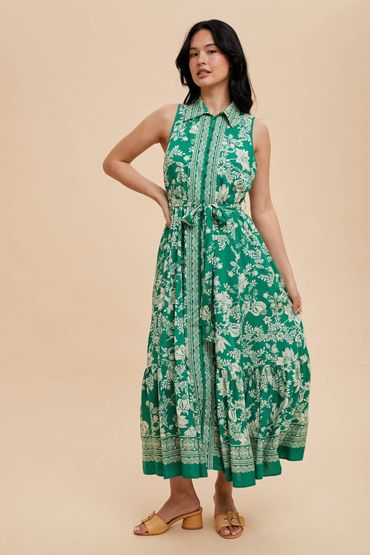 Border Print Lapel Button Down Maxi