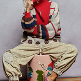 High Collar Half Zipper Ethnic Color Block Pullover Sweater