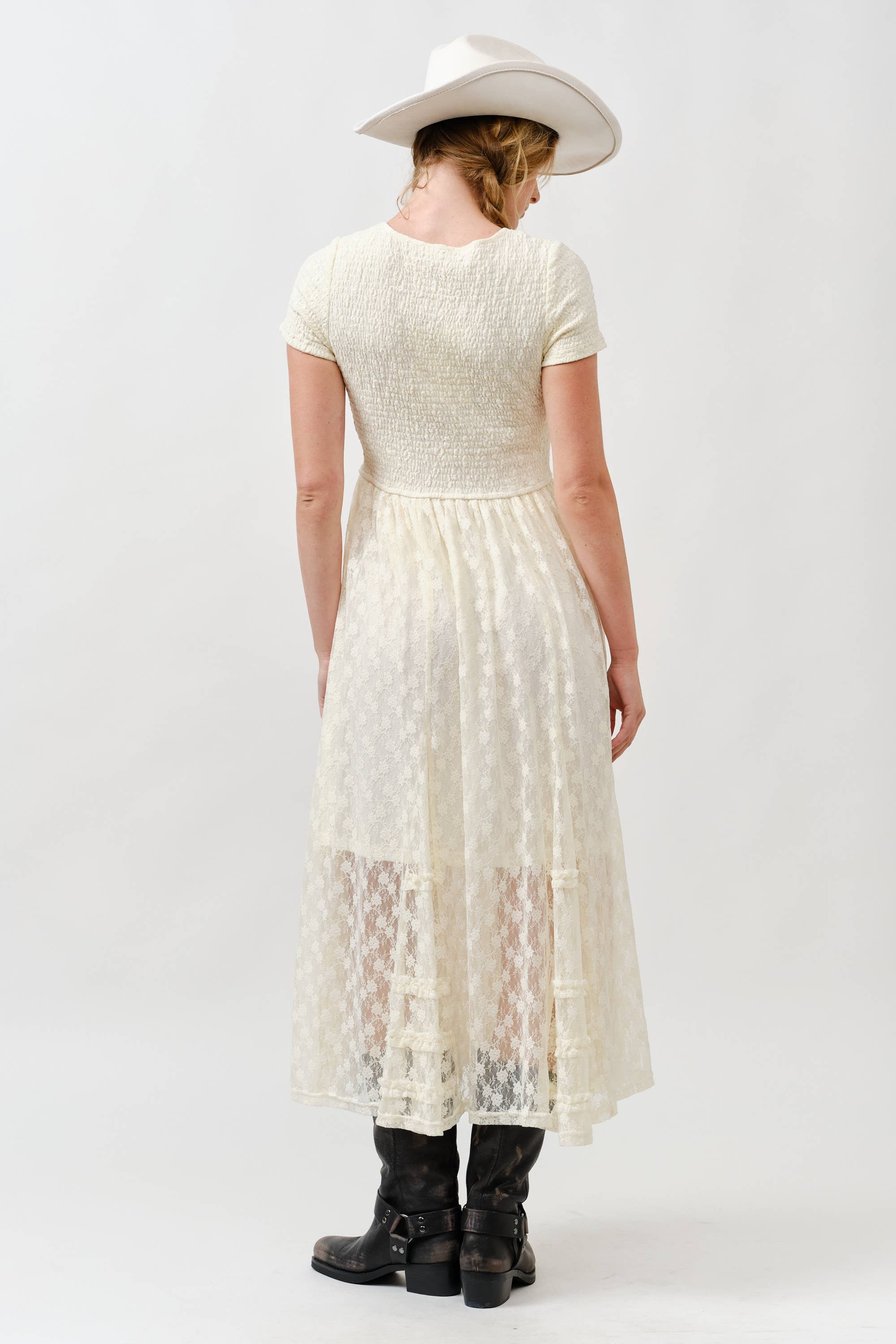 Floral Lace Smocked Bodice Maxi Dress