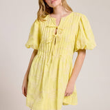 Palm Print Puff Sleeve Tie Front Mini Dress