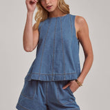 SLEEVELESS DENIM TOP AND MATCHING SHORTS SET