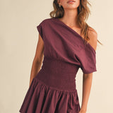 ID9559  OFF SHOULDER SMOCKED WAIST MINI DRESS