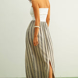 D5725 STRIPED PATTERN KNIT WITH RIBBED TOP COMBINATION DRESS