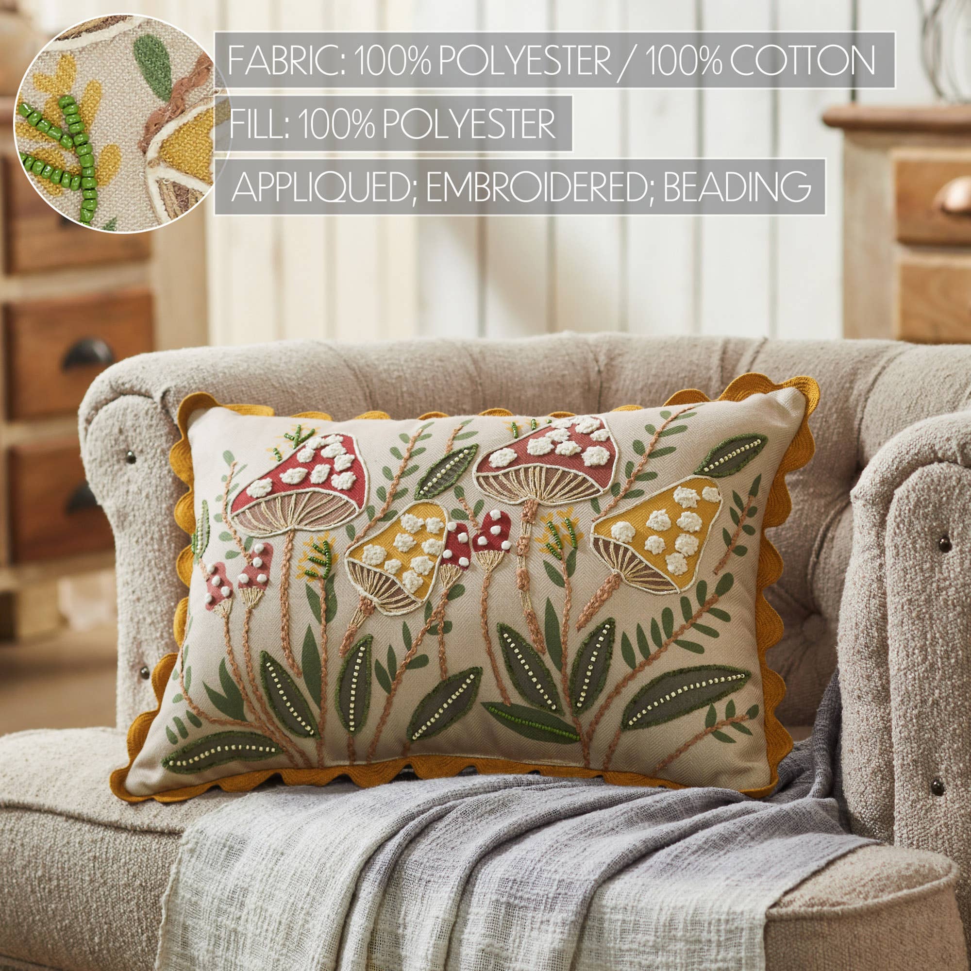 Embroidered Woodland Mushroom Lumbar Throw Pillow