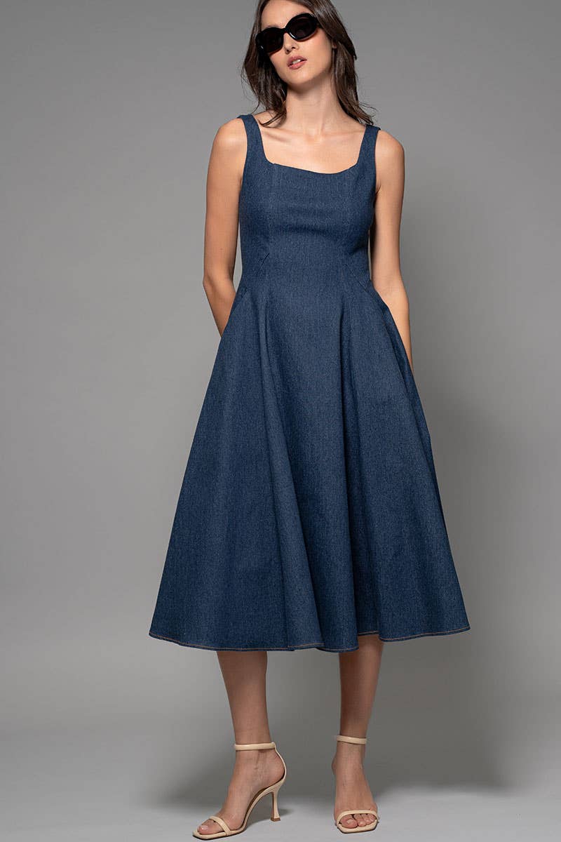 Square Neck Denim A-Line Midi Dress