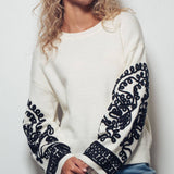 Embroidered Sleeve Ivory Knit Sweater