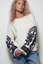Embroidered Sleeve Ivory Knit Sweater