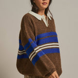 Striped Rugby Polo Sweater With Contrast Collar