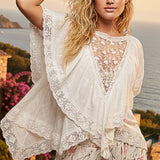 Lace Trim V Ruffle Detail Textured Woven Short Sleeve Top