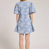 Palm Print Puff Sleeve Tie Front Mini Dress