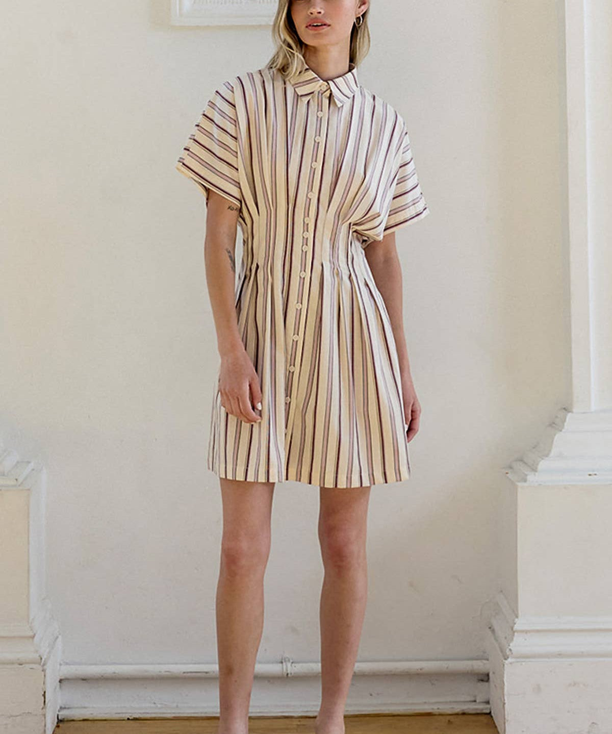 Stripe Dolman-Sleeve Button-Front Mini Dress - RD1361