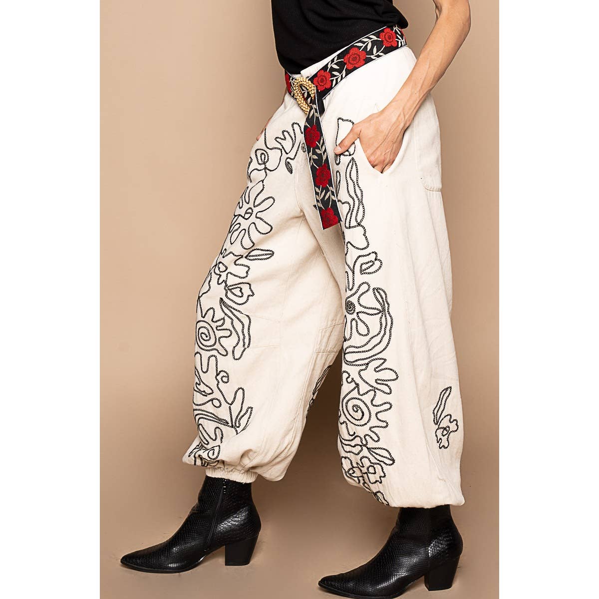 Floral Embroidered Twill Pants