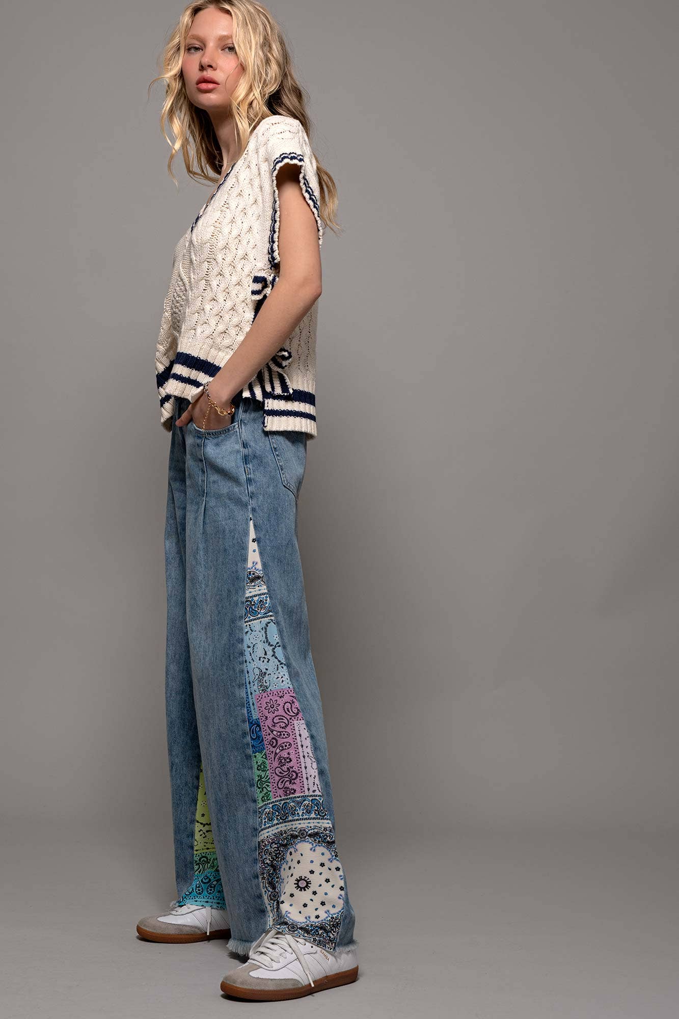Paisley Bandana Print Wide-Leg Denim Jeans