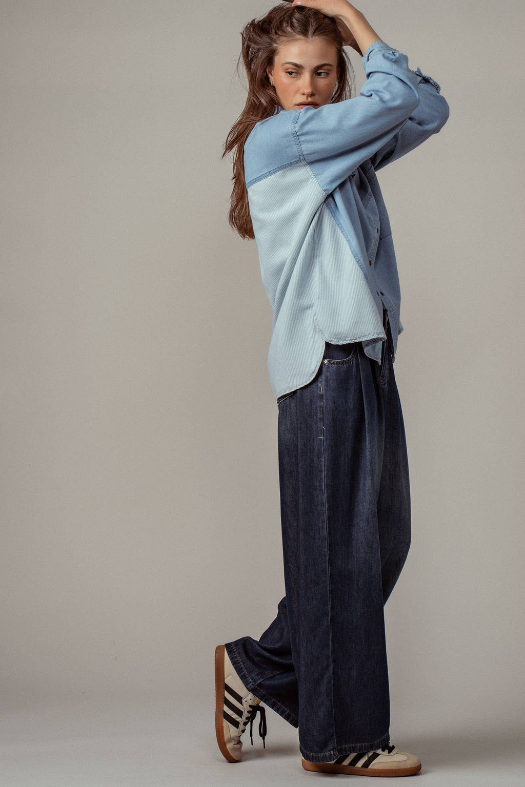 Pleated Wide-Leg Denim Pants